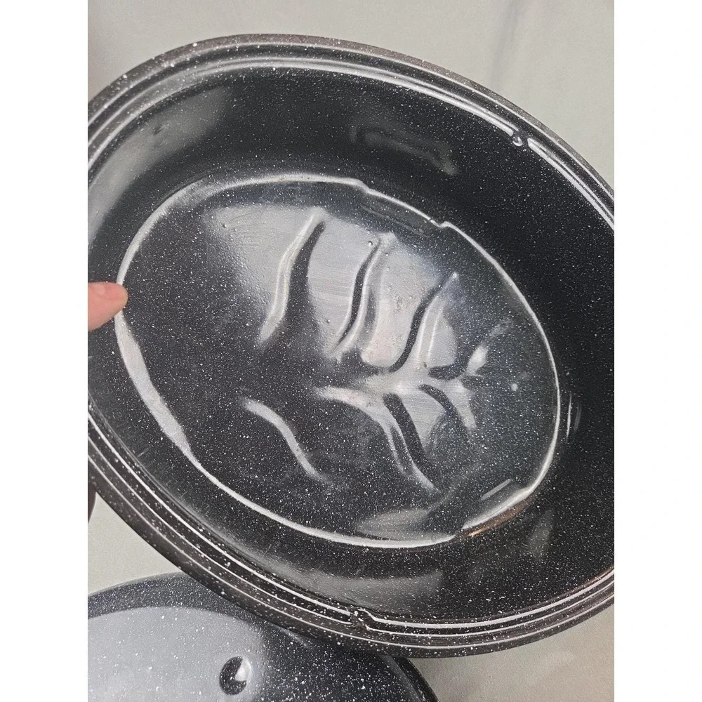 Enamelware Roaster Black Speckled Oval USA Large 16.5